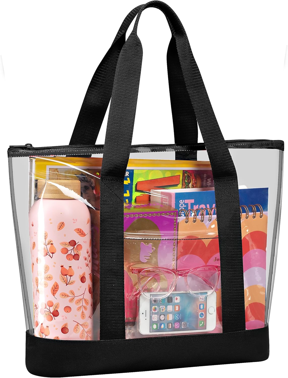 Clear Tote Bag - Zipper Closure, Long Shoulder Strap, Fabric Trimming. | Zipper Closure, Long Shoulder Strap, V1258-DP02-B-4235