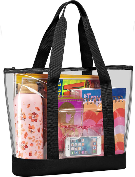 Clear Tote Bag - Zipper Closure, Long Shoulder Strap, Fabric Trimming. | Zipper Closure, Long Shoulder Strap, V1258-DP02-B-4235