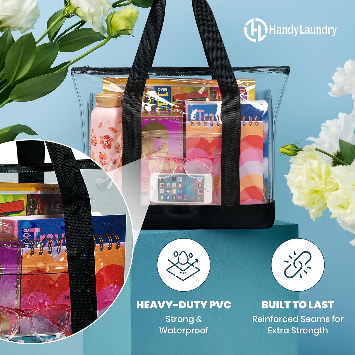Clear Tote Bag - Zipper Closure, Long Shoulder Strap, Fabric Trimming. | Zipper Closure, Long Shoulder Strap, V1258-DP02-B-4235