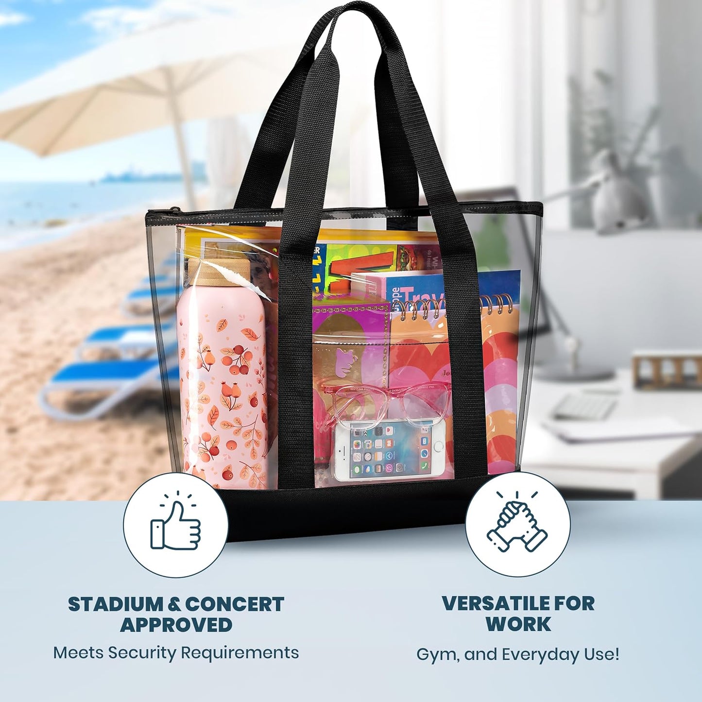 Clear Tote Bag - Zipper Closure, Long Shoulder Strap, Fabric Trimming. | Zipper Closure, Long Shoulder Strap, V1258-DP02-B-4235