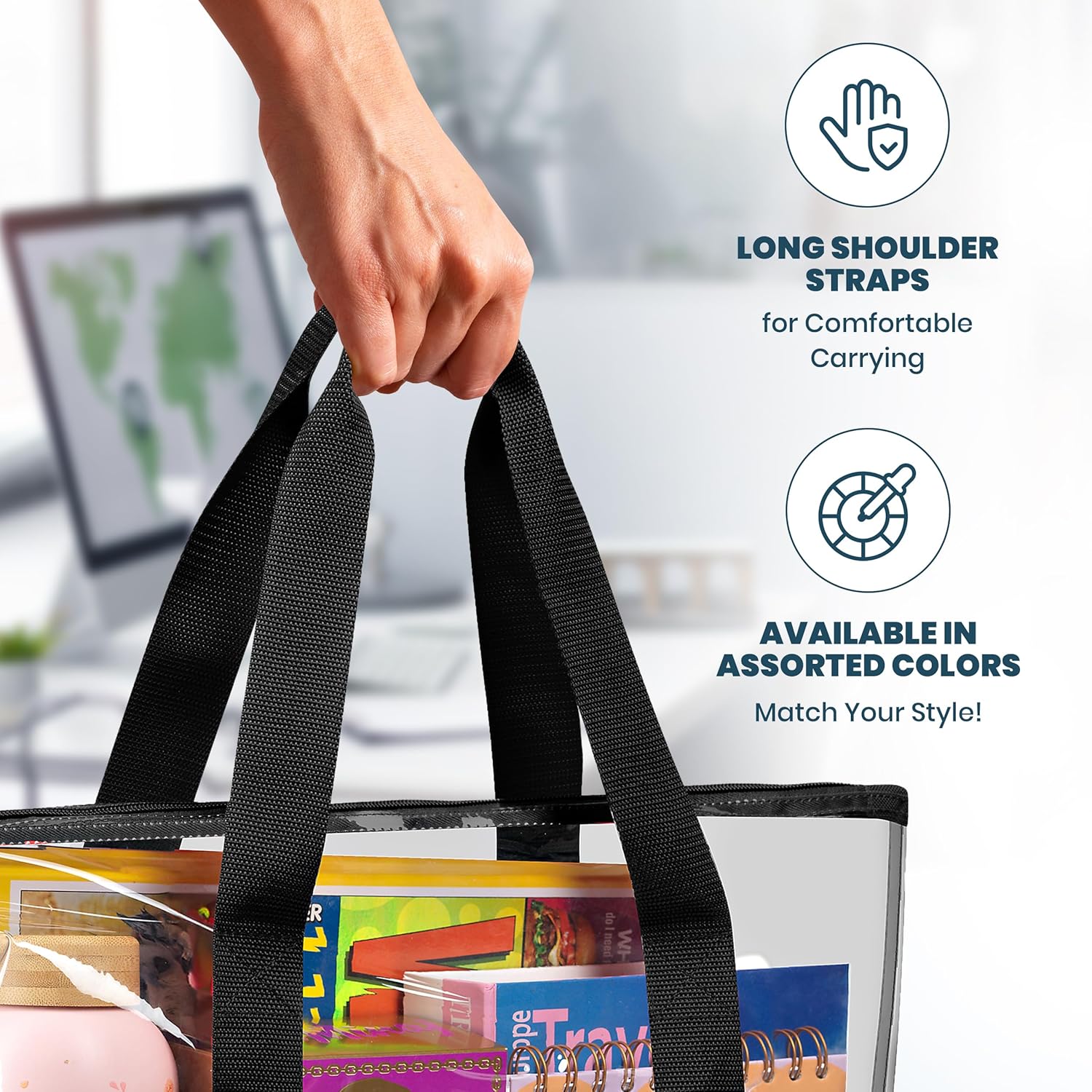 Clear Tote Bag - Zipper Closure, Long Shoulder Strap, Fabric Trimming. | Zipper Closure, Long Shoulder Strap, V1258-DP02-B-4235