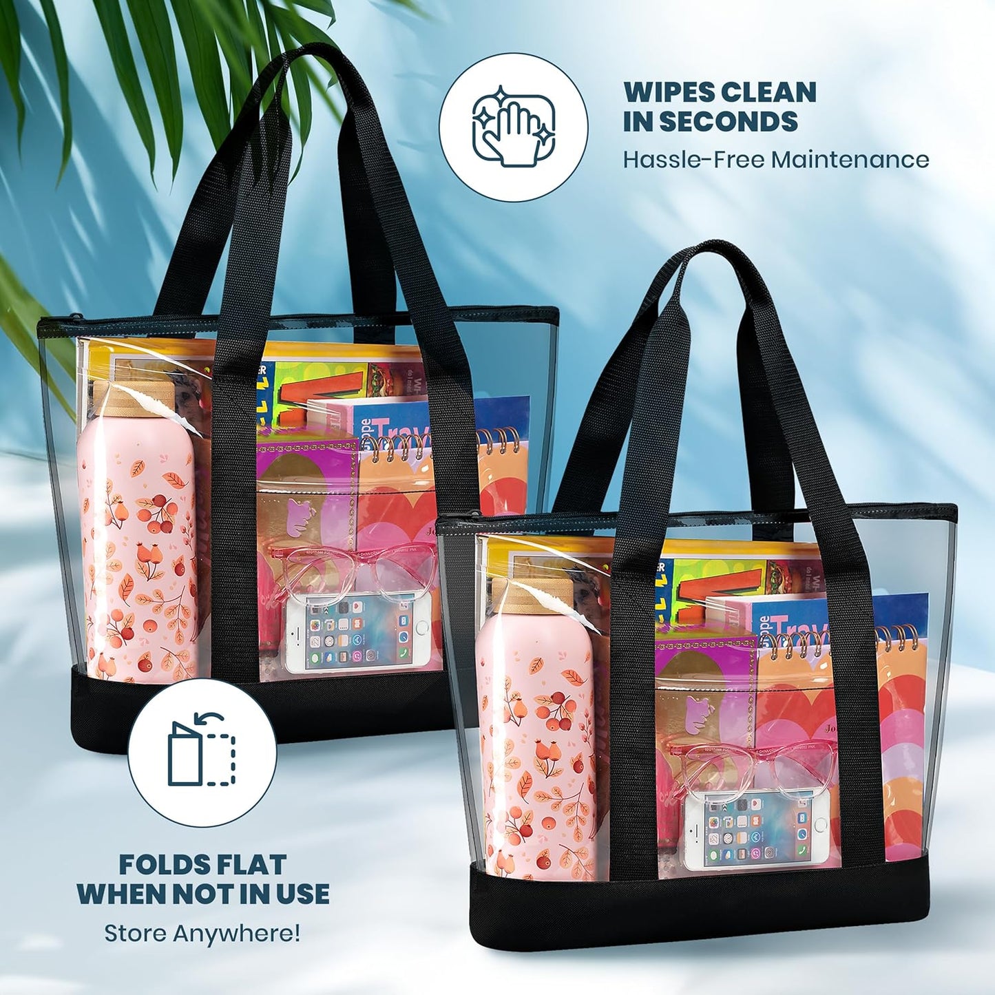 Clear Tote Bag - Zipper Closure, Long Shoulder Strap, Fabric Trimming. | Zipper Closure, Long Shoulder Strap, V1258-DP02-B-4235