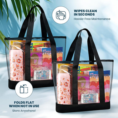Clear Tote Bag - Zipper Closure, Long Shoulder Strap, Fabric Trimming. | Zipper Closure, Long Shoulder Strap, V1258-DP02-B-4235