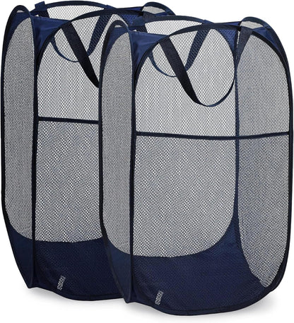 Collapsible Mesh Pop Up Laundry Hamper 2-Pack - Large Foldable Laundry Basket with Side Pocket, Breathable & V1258-DP02-B-4237