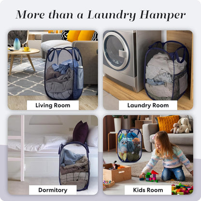 Collapsible Mesh Pop Up Laundry Hamper 2-Pack - Large Foldable Laundry Basket with Side Pocket, Breathable & V1258-DP02-B-4237