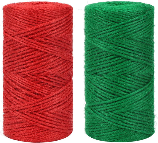 Red Green Jute Twine, 328 Feet x 2 Rolls 2mm Colored Christmas Twine String for Gift Wrapping, Holiday V1258-DP02-B-426