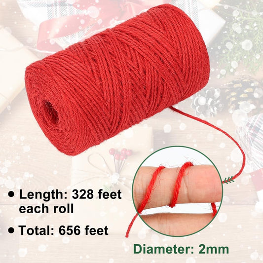 Red Green Jute Twine, 328 Feet x 2 Rolls 2mm Colored Christmas Twine String for Gift Wrapping, Holiday V1258-DP02-B-426