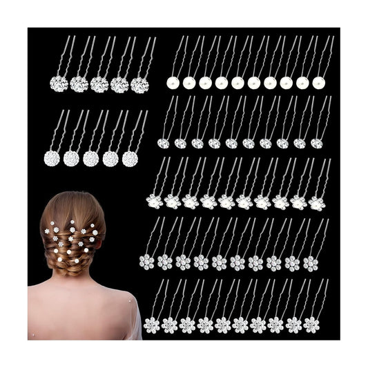 60 Pcs 7 Styles Silver Bridal Wedding Hair Pins, Flower Hair Clips for Women, U Shaped Crystal Pearl Hair V1258-DP02-B-434