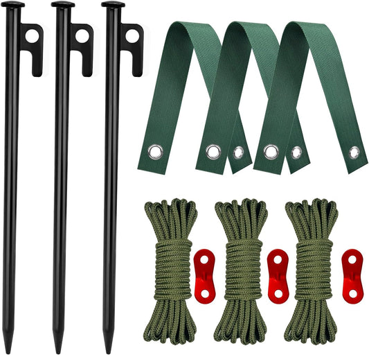 Tree Stakes and Supports, Heavy Duty Tree Stakes Kit Include 3Pcs Tree Straps for Staking, 3Pcs 12" Steel V1258-DP02-B-442
