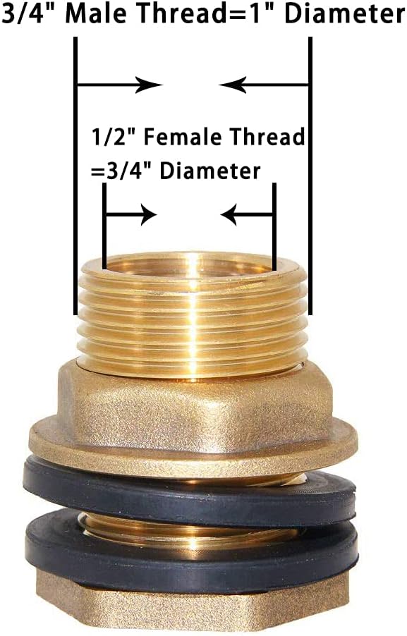 1/2" Female 3/4" Male Soild Brass Water Tank Connector Theaded Bulkhead Fitting With 2 Rubber Rings Stablizing V1258-DP02-B-450