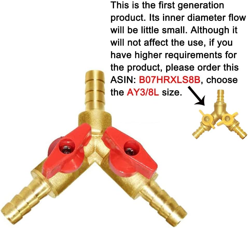 3/8" Hose Barb, Y shaped Type 3 way Union Intersection/Split Brass Shut off Ball Valve Fitting V1258-DP02-B-455