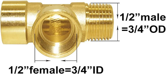 Brass Pipe Fitting Barstock Tee 3 Way NPT 1/2" Female x 1/2" Female x 1/2" Male Hose Fitting V1258-DP02-B-468