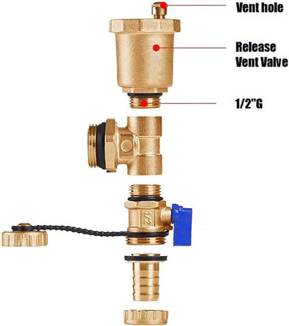 Brass Automatic Float Valve Kit 1/2"G Air Bleeder Release Vent Valve & 1/2"G Female x 1/2"NPT Male Pipe V1258-DP02-B-480