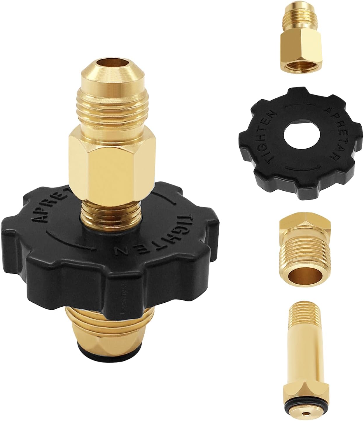 Brass Soft Nose POL Propane Gas LP Tank Adapter with 1/4" NPT Male Fitting and 3/8" Flare Male Adapter Full V1258-DP02-B-538