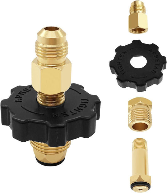 Brass Soft Nose POL Propane Gas LP Tank Adapter with 1/4" NPT Male Fitting and 3/8" Flare Male Adapter Full V1258-DP02-B-538
