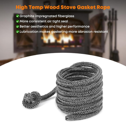 Wood Stove Gasket, 1/4" x 84" Graphite Impregnated Fiberglass Rope Seal and High-Temperature Cement Gasket V1258-DP02-B-553