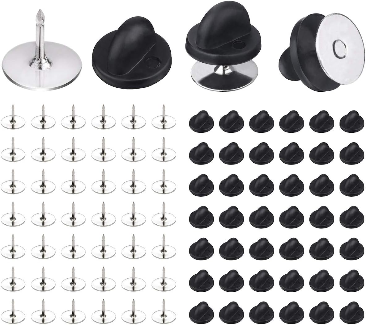 50 Pairs Pin Backings Tie Tacks Blank Pins with Rubber Backings Pinbacks for Crafts (Silver Black, 50 Sets) V1258-DP02-B-564