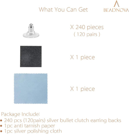 Earring Backs 240pcs Replacements Silver Plated Pierced Hypoallergenic Earring Backs Stoppers Safety Bullet V1258-DP02-B-568