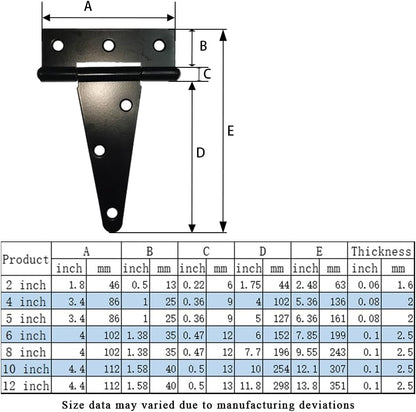Heavy Duty T Hinge, 6 pcs, 2 Inch, Black, Powder Coated Metal Alloy V1258-DP02-B-57