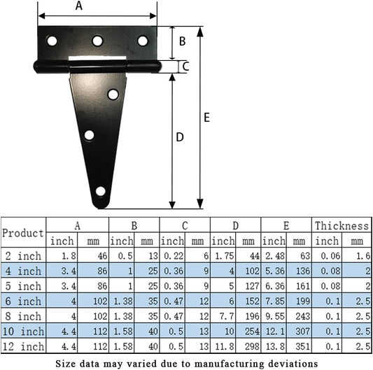 Heavy Duty T Hinge, 6 pcs, 2 Inch, Black, Powder Coated Metal Alloy V1258-DP02-B-57