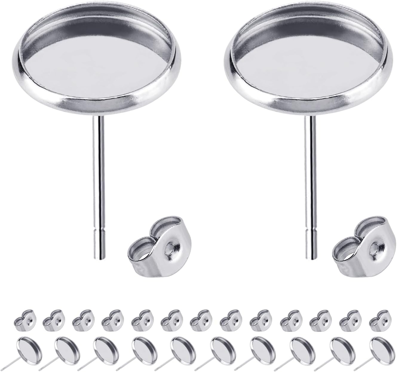 60pcs Blank Earring Studs 12mm Stainless Steel Cabochon Setting Post With Backs for Resin DIY Earstud Making V1258-DP02-B-575