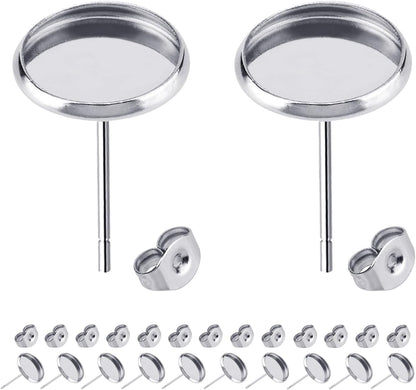 60pcs Blank Earring Studs 12mm Stainless Steel Cabochon Setting Post With Backs for Resin DIY Earstud Making V1258-DP02-B-575