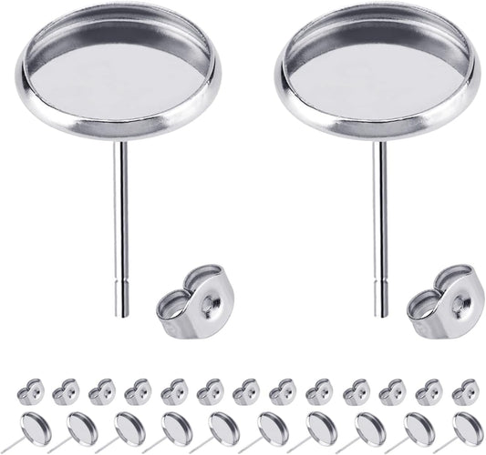 60pcs Blank Earring Studs 12mm Stainless Steel Cabochon Setting Post With Backs for Resin DIY Earstud Making V1258-DP02-B-575