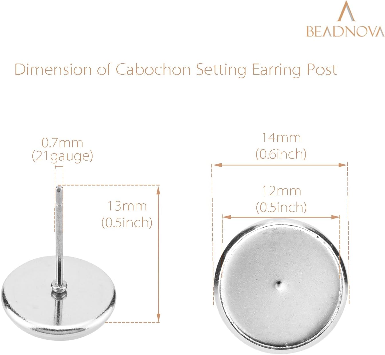 60pcs Blank Earring Studs 12mm Stainless Steel Cabochon Setting Post With Backs for Resin DIY Earstud Making V1258-DP02-B-575