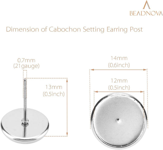 60pcs Blank Earring Studs 12mm Stainless Steel Cabochon Setting Post With Backs for Resin DIY Earstud Making V1258-DP02-B-575