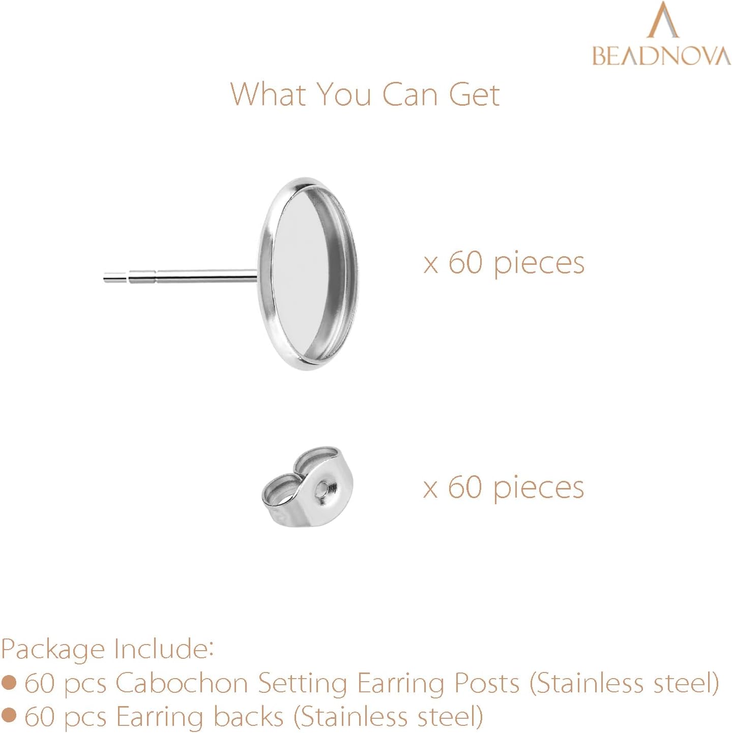 60pcs Blank Earring Studs 12mm Stainless Steel Cabochon Setting Post With Backs for Resin DIY Earstud Making V1258-DP02-B-575