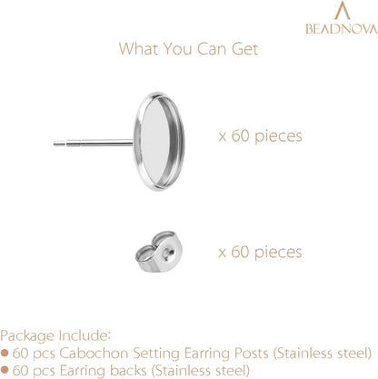 60pcs Blank Earring Studs 12mm Stainless Steel Cabochon Setting Post With Backs for Resin DIY Earstud Making V1258-DP02-B-575