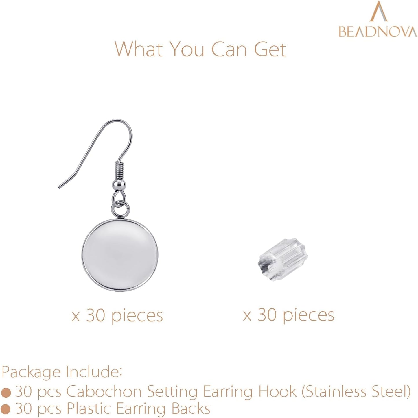Earring Kit 30pcs Blank Ear Wire Hook 14mm Stainless Steel Cabochon Setting Earring Bezel with Rubber Backs V1258-DP02-B-585