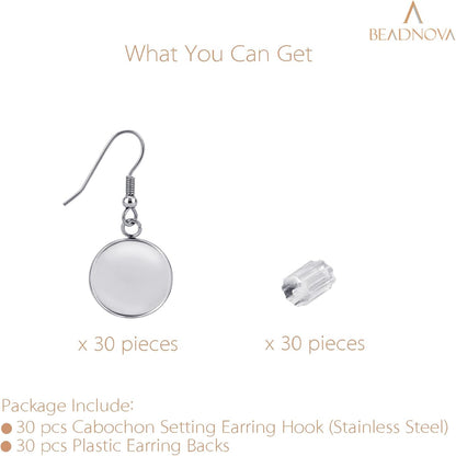 Earring Kit 30pcs Blank Ear Wire Hook 14mm Stainless Steel Cabochon Setting Earring Bezel with Rubber Backs V1258-DP02-B-585