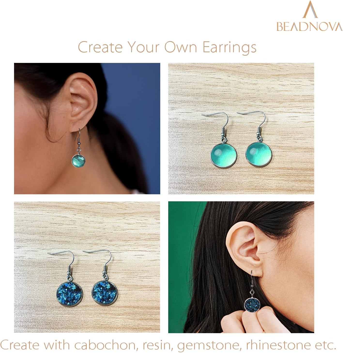 Earring Kit 30pcs Blank Ear Wire Hook 14mm Stainless Steel Cabochon Setting Earring Bezel with Rubber Backs V1258-DP02-B-585
