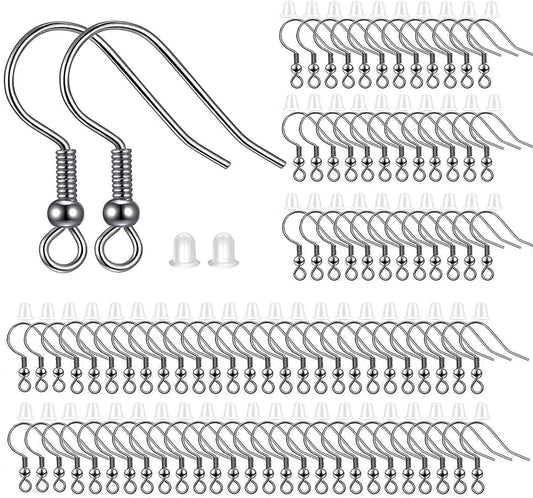 300pcs Stainless Steel Earring Hooks with Rubber Backs, Silver, Elegant, Polished, Hypoallergenic, DIY Ear V1258-DP02-B-586