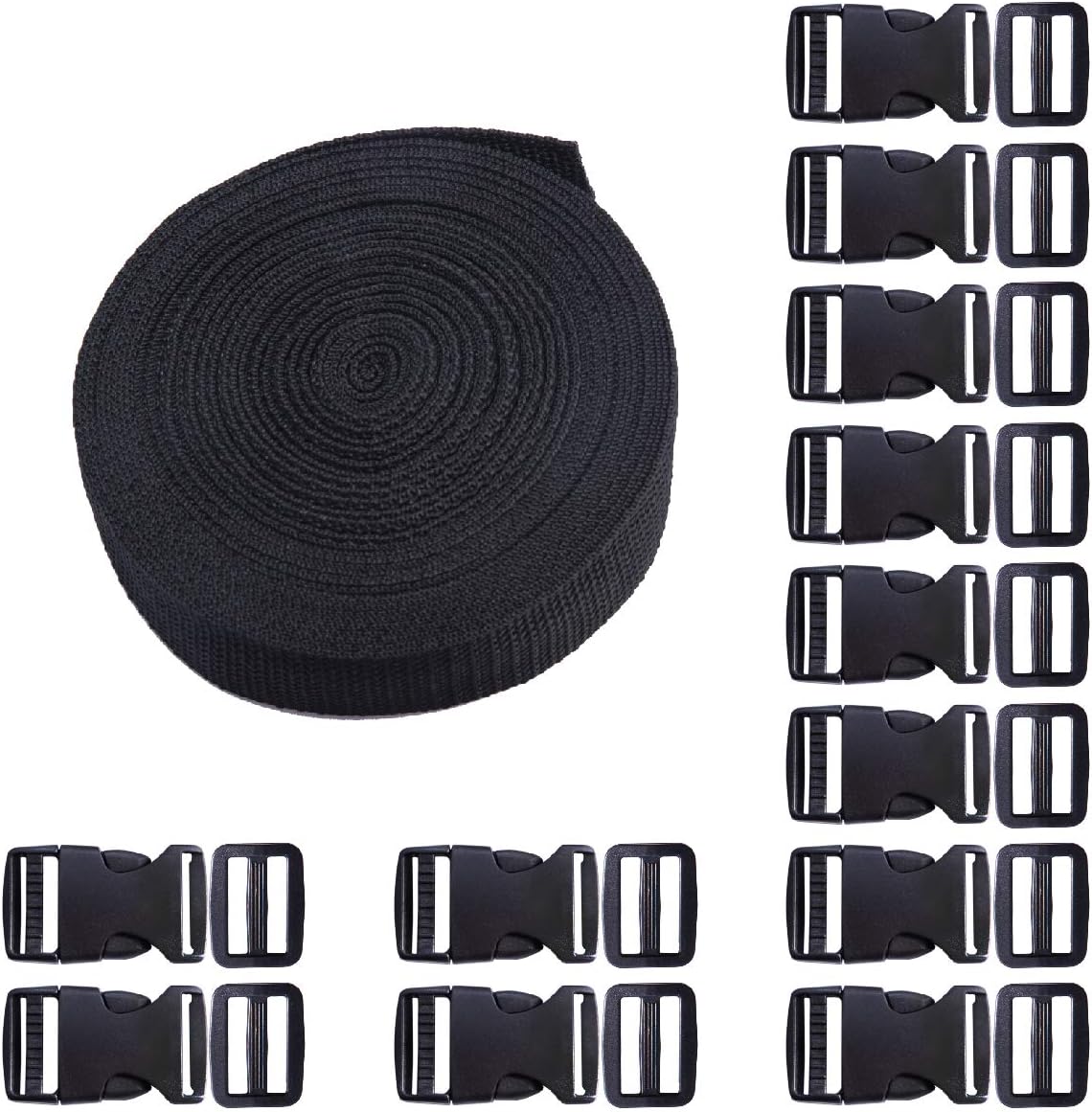 Plastic Buckle Kit Nylon Strap with Quick Release Buckle 12 Sets 1 Inch and Tri-Glide Slides with 11 Yards V1258-DP02-B-600