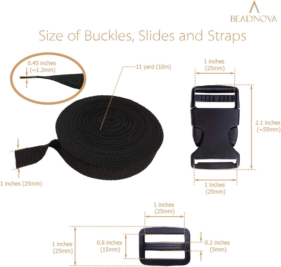 Plastic Buckle Kit Nylon Strap with Quick Release Buckle 12 Sets 1 Inch and Tri-Glide Slides with 11 Yards V1258-DP02-B-600