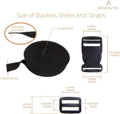 Plastic Buckle Kit Nylon Strap with Quick Release Buckle 12 Sets 1 Inch and Tri-Glide Slides with 11 Yards V1258-DP02-B-600