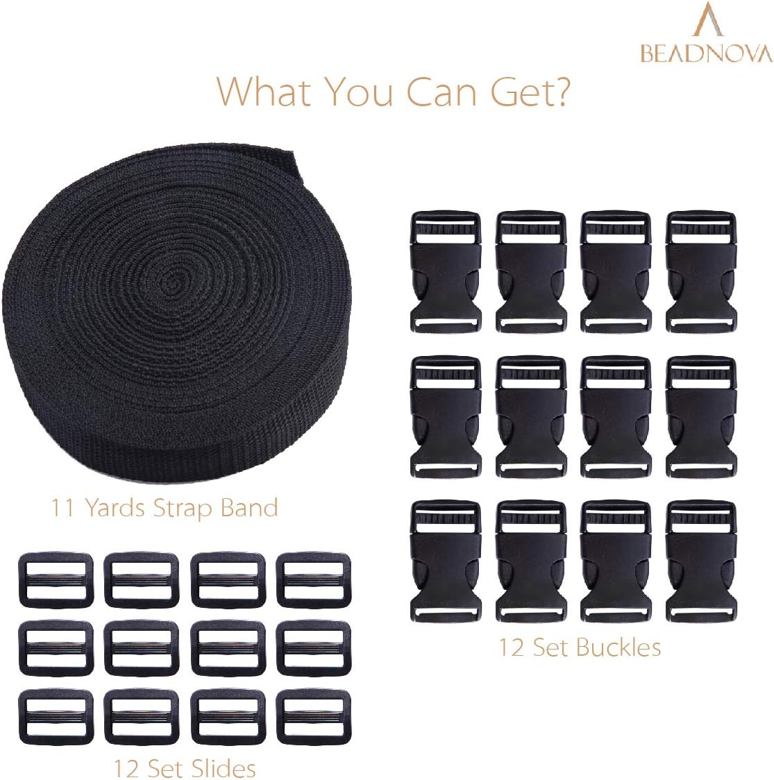 Plastic Buckle Kit Nylon Strap with Quick Release Buckle 12 Sets 1 Inch and Tri-Glide Slides with 11 Yards V1258-DP02-B-600