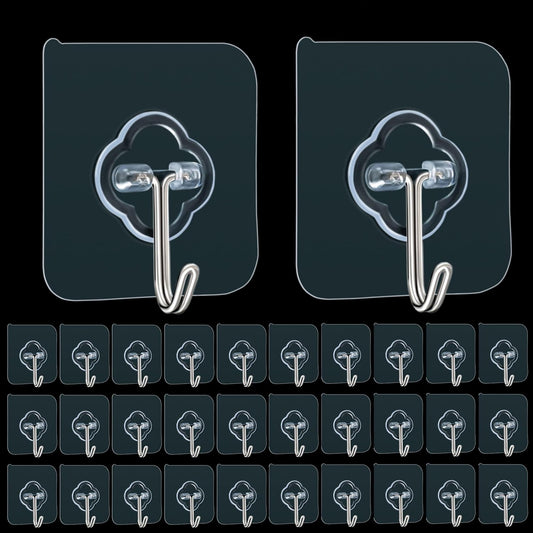 Adhesive Hooks, 32 Pack 33lb(Max) Sticky Hooks, Transparent Reusable Removable Adhesive Hooks for Hanging, V1258-DP02-B-617