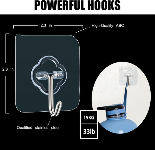 Adhesive Hooks, 32 Pack 33lb(Max) Sticky Hooks, Transparent Reusable Removable Adhesive Hooks for Hanging, V1258-DP02-B-617