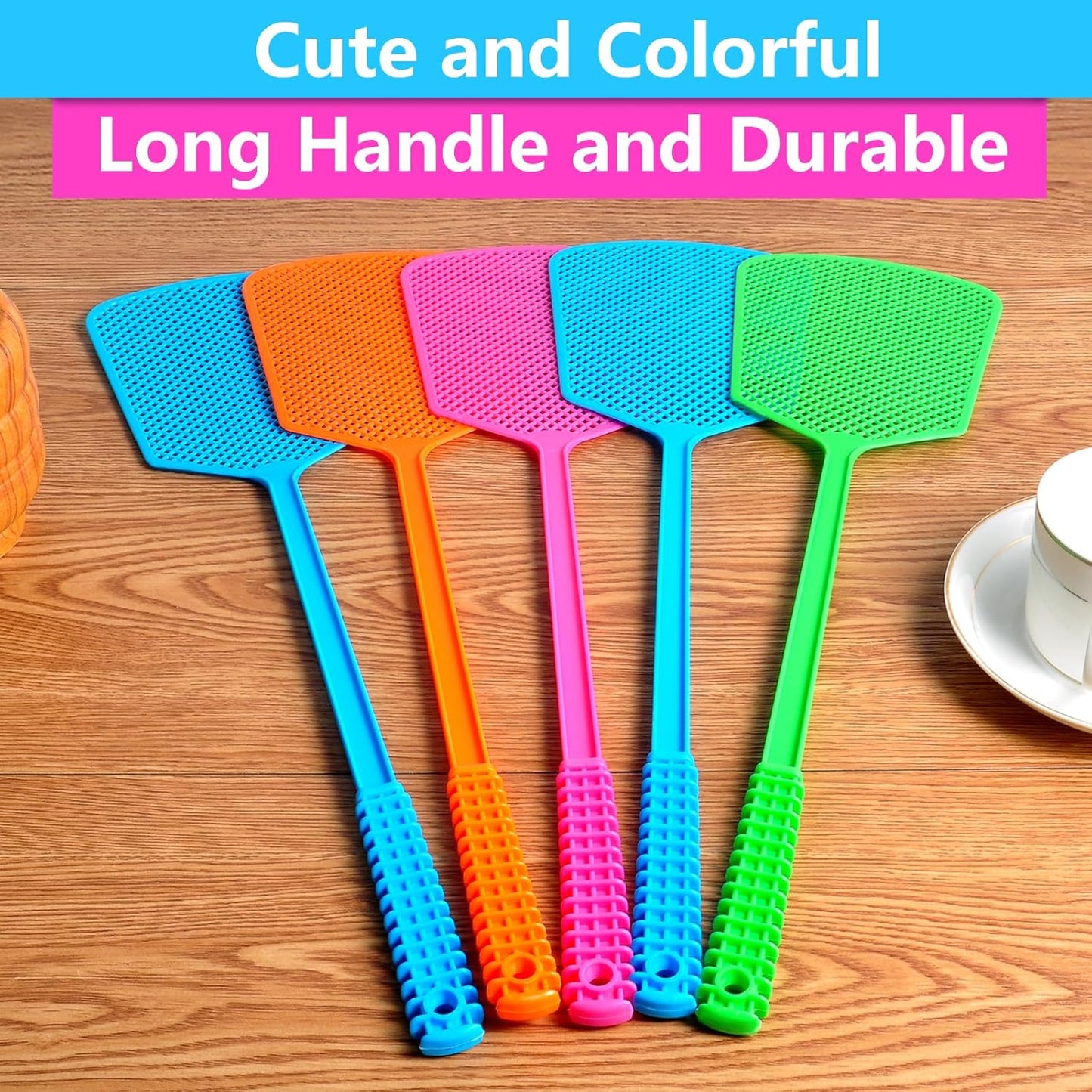 Fly Swatter,5 Pack Plastic Heavy Duty Manual Fly Killer, Long Handle Flyswatter, Large Bug Swatters That Work V1258-DP02-B-624