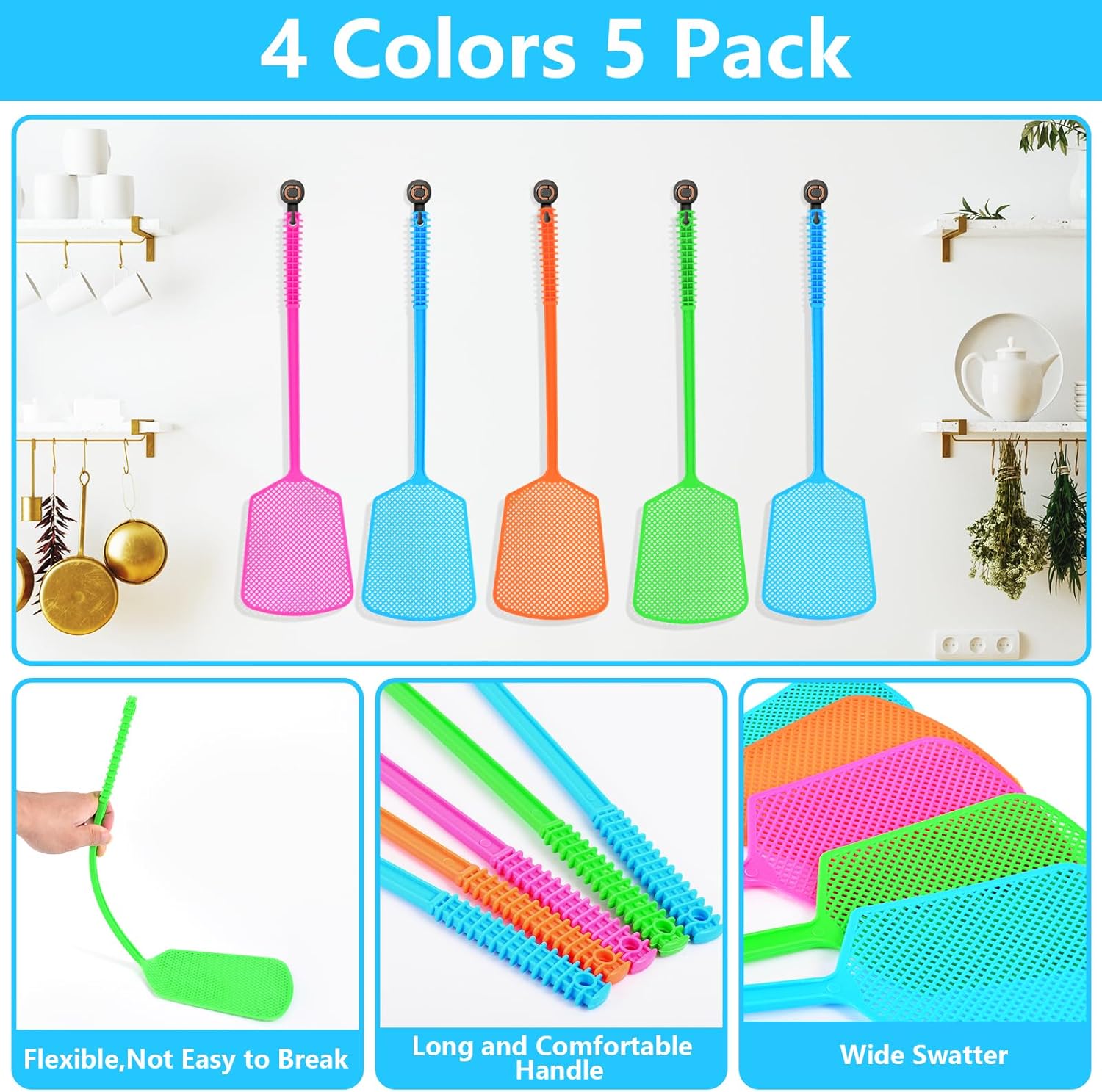 Fly Swatter,5 Pack Plastic Heavy Duty Manual Fly Killer, Long Handle Flyswatter, Large Bug Swatters That Work V1258-DP02-B-624