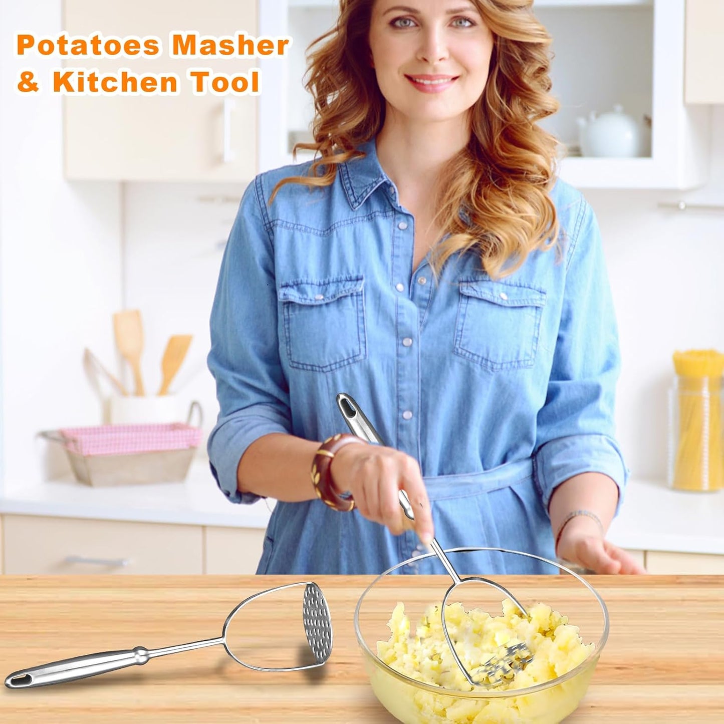 Potato Masher,Stainless Steel Mashed Potatoes Masher with Long Handle for Beans,Avocado,Fruit,Vegetables.One V1258-DP02-B-626
