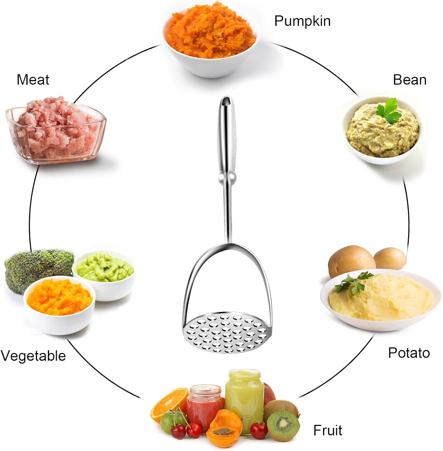Potato Masher,Stainless Steel Mashed Potatoes Masher with Long Handle for Beans,Avocado,Fruit,Vegetables.One V1258-DP02-B-626