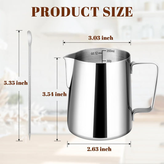 Milk Frothing Pitcher, 12oz Milk Frother Cup with Clear Scale, 304 Stainless Steel Cappuccino Espresso V1258-DP02-B-63
