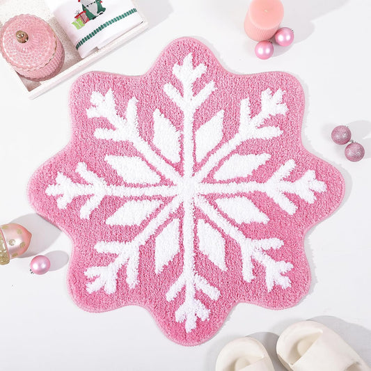 Pink Christmas Decor Snowflake Bathroom Rug, Snowflake Welcome Mat Non Slip Round Shaped Washable Bathtub Rug V1258-DP02-B-638