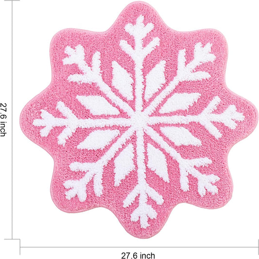 Pink Christmas Decor Snowflake Bathroom Rug, Snowflake Welcome Mat Non Slip Round Shaped Washable Bathtub Rug V1258-DP02-B-638