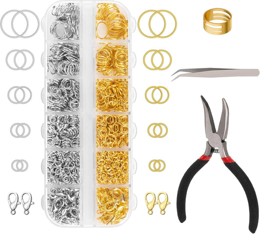 1200 Pcs Jump Rings for Jewelry Making Supplies, Necklace Repair Kit with Open/Close Tools, Pliers, Tweezers, V1258-DP02-B-64