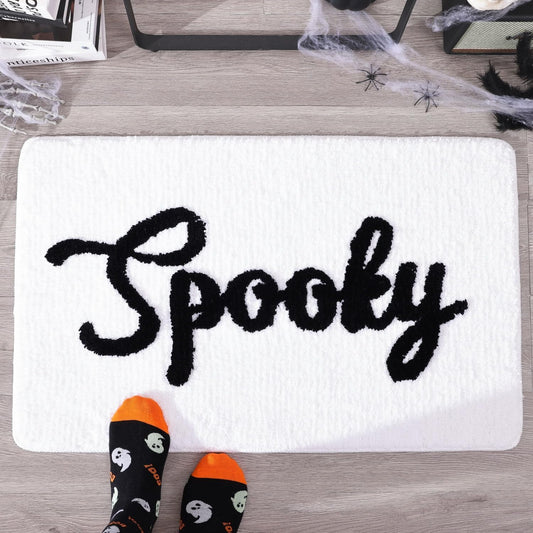 Halloween Bath Mat Cute Spooky White Black Bathroom Decor Rug Non Slip, Spooky Halloween Shower Rugs for V1258-DP02-B-643